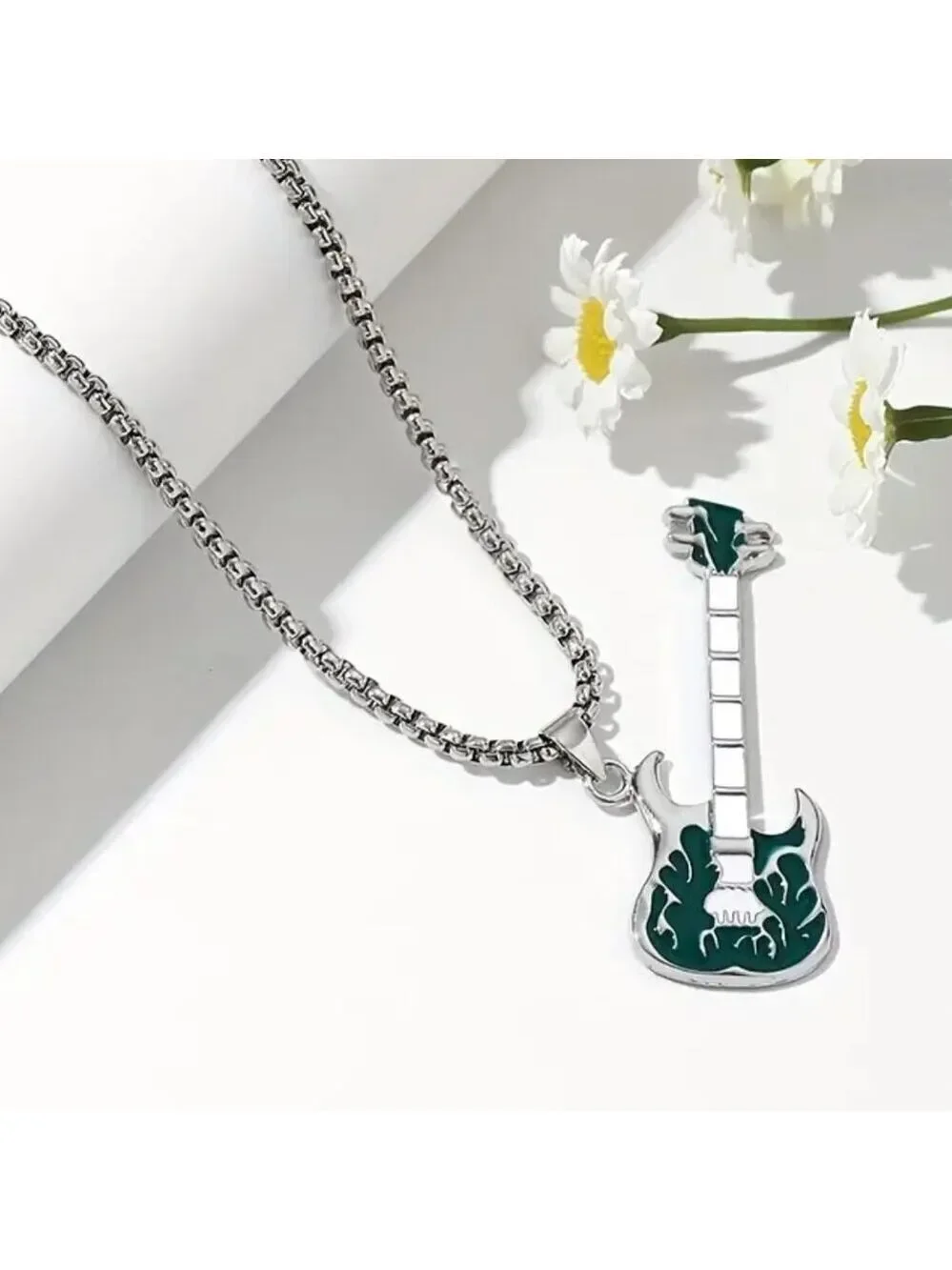 Emerald Green Flaming Guitar with White Neck Rocker Necklace and Pendant 1559